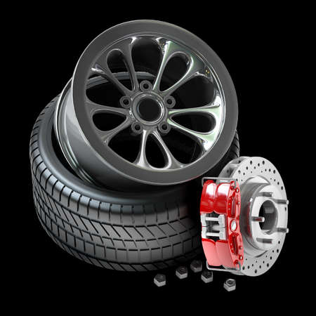 Wheels, Rims , brake pads and discs. CAR PARTS. isolated on black background High resolution 3d...