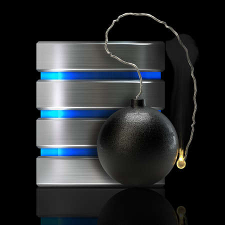 Hard disk and database icon with Cannonball bomb isolated on black background High resolution 3d 