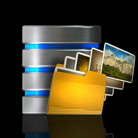 Computer Database with yellow Folder isolated on black background High resolution 3d 