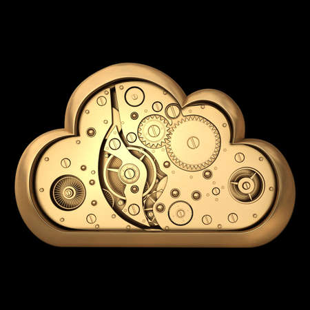 3D collection of gold objects. cloud with gears box  isolated on black background. High resolution の写真素材