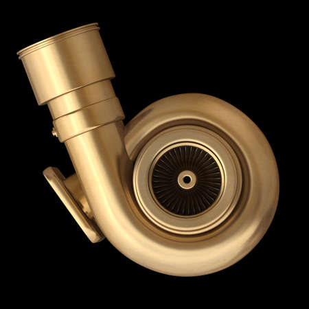 3D collection of gold objects. Steel turbocharger  isolated on black background. High resolution の写真素材