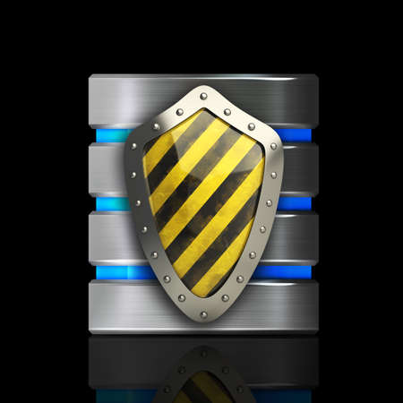 Hard disk and database icon with shield isolated on black background. High resolution 3d 