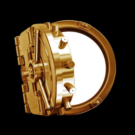 3D collection of gold objects. bank vault door   isolated on black background. High resolution 