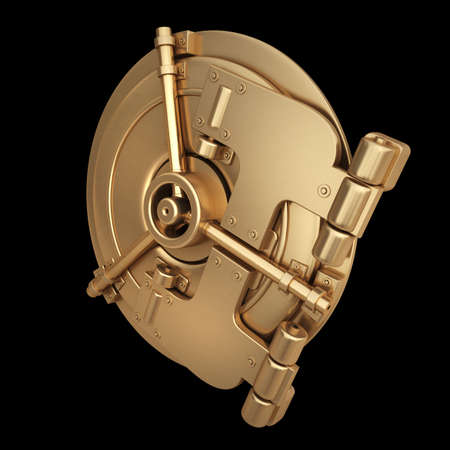 3D collection of gold objects. bank vault door   isolated on black background. High resolution 