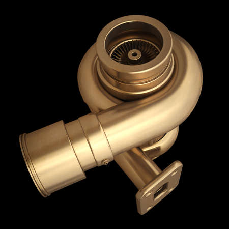 3D collection of gold objects. Steel turbocharger  isolated on black background. High resolution の写真素材