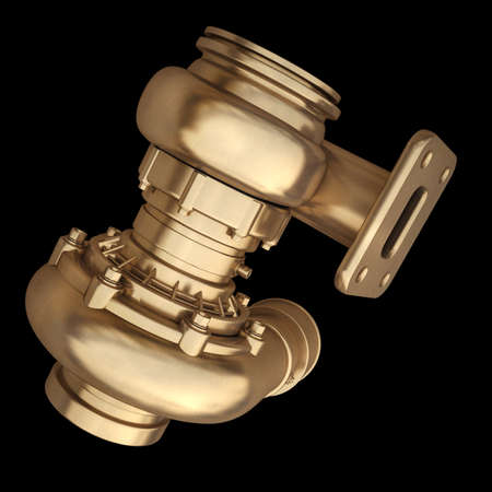 3D collection of gold objects. Steel turbocharger  isolated on black background. High resolution の写真素材