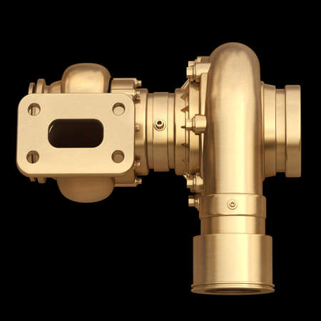 3D collection of gold objects. Steel turbocharger  isolated on black background. High resolution の写真素材