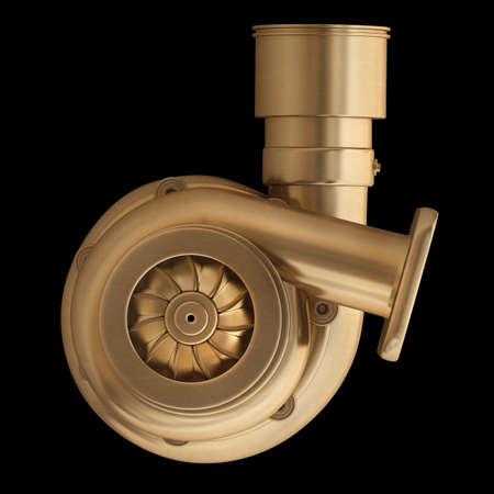 3D collection of gold objects. Steel turbocharger  isolated on black background. High resolution の写真素材