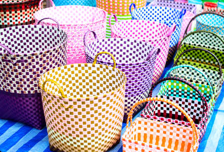 Colored Baskets at an Outside Marketの写真素材