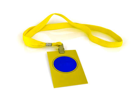 badge with yellow neck strap on white 