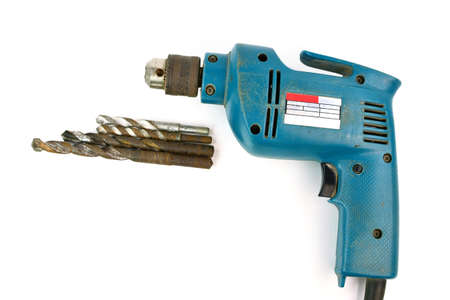 Used Drill-screwdriver with drills isolated on white background