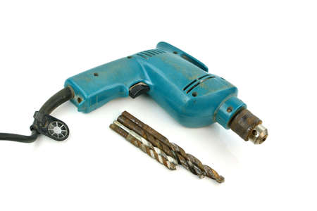 Used Drill-screwdriver with drills isolated on white background