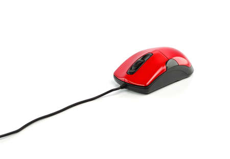Red computer mouse on white backgroundの写真素材