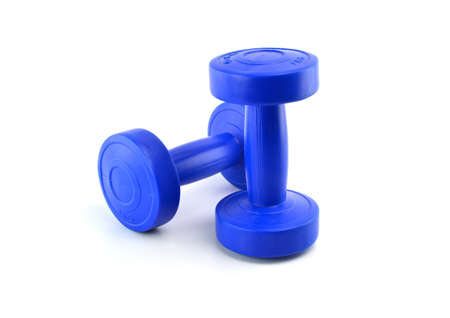 Blue dumbbells Isolated on white backgroundの写真素材