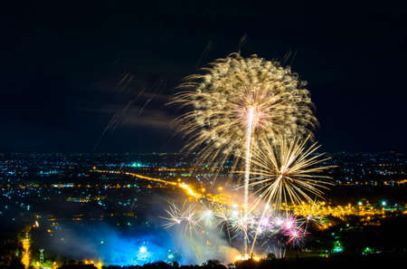 Fireworks on night city backgroundの写真素材