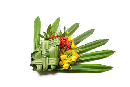 bouquet of yellow and red flowers isolated on white backgroundの写真素材