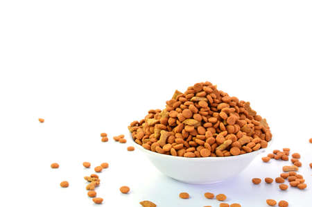 dog food treats in bowl isolated on white backgroundの写真素材