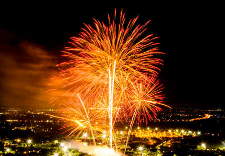 Fireworks on night city backgroundの写真素材