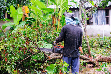 THAILAND-AUGUST,16 :Young man cutting wood to be used as firewood. THAILAND AUGUST,16 2017のeditorial素材