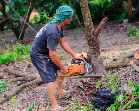 THAILAND-AUGUST,16 :Young man cutting wood to be used as firewood. THAILAND AUGUST,16 2017のeditorial素材