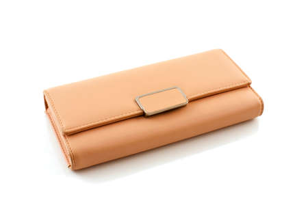 pink leather wallet isolated on white backgroundの写真素材