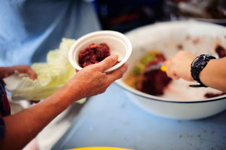 Charity food is the hope of the poor who have no money : concept of begging food : Donate food to...