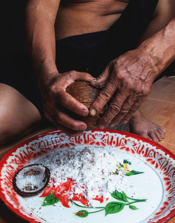 Coconut scraping by hand in rural Thailand style.の写真素材