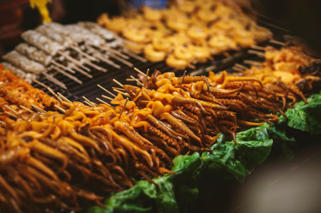 Street food, squid tentacles skewers stacked on top of a grillの写真素材