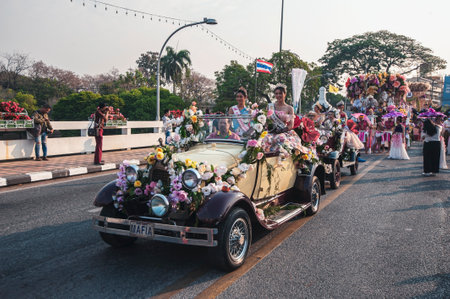 Chiang Mai, Thailand - February 04, 2023: Flower floats and parades The 46th Annual Flower Festival 2023 in Chiang Mai, Thailandのeditorial素材