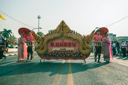 Chiang Mai, Thailand - February 04, 2023: Flower floats and parades The 46th Annual Flower Festival 2023 in Chiang Mai, Thailandのeditorial素材