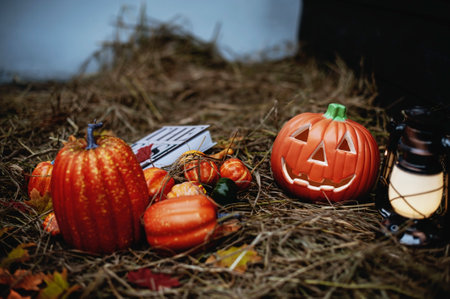 Halloween symbol concept: replica pumpkin head with storm oil lantern in vintage tone.