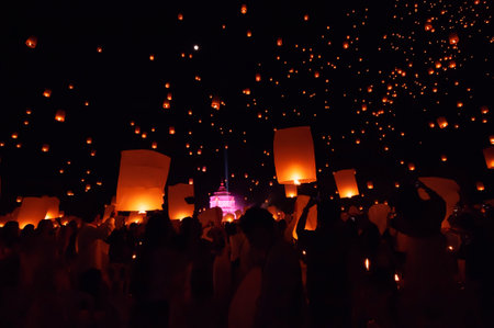 Chiang Mai - Thailand November 27, 2023 : Tourists happily celebrate releasing lanterns at the Loi Krathong Yi Peng Lantern Festival according to Thai cultural traditions.のeditorial素材