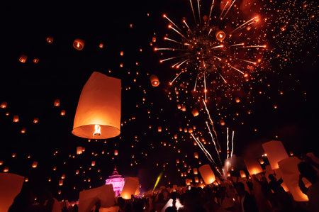 Chiang Mai - Thailand November 27, 2023 : Tourists happily celebrate releasing lanterns at the Loi...