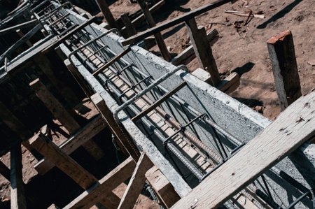 The structural timber is placed together with steel bars inside to ensure the strength of the building.の写真素材