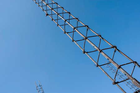 Infrastructure using rebar tied to form a concrete pillar core.の写真素材