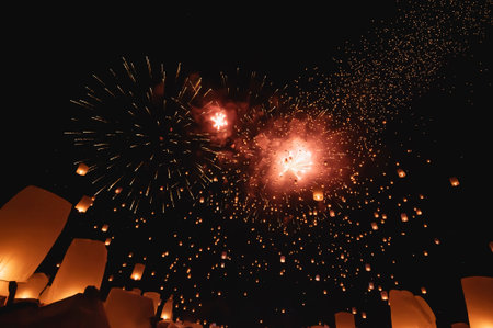 Floating lanterns take place during Thailand's Loi Krathong festival on the night of the full moon.の写真素材
