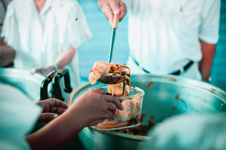 Receiving food for the poor from volunteers, concept of feeding, Homeless people receive delicious charity food from volunteers: concept of helping by donating foodの写真素材