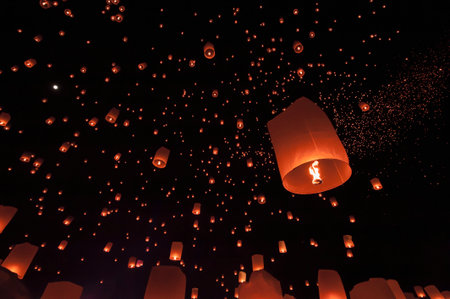 Floating lanterns take place during Thailand's Loi Krathong festival on the night of the full moon.