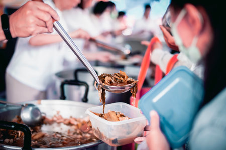 volunteers give food to local poor people, Feeding the poor Help them relieve hunger