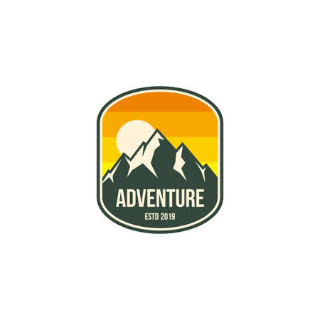 mountain adventure badge, label, emblem or logo design vector template. outdoor activities icon. hiking/climbing icon.のイラスト素材