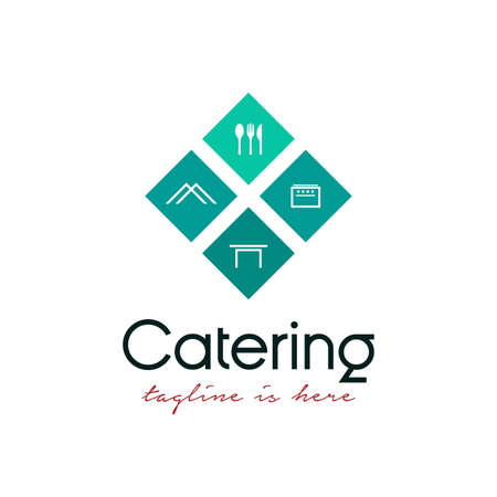 geometric catering logo design vector template. catering logo with cooking/catering equipment, spoon and fork icon, tent icon, table icon, and stove icon concept designのイラスト素材