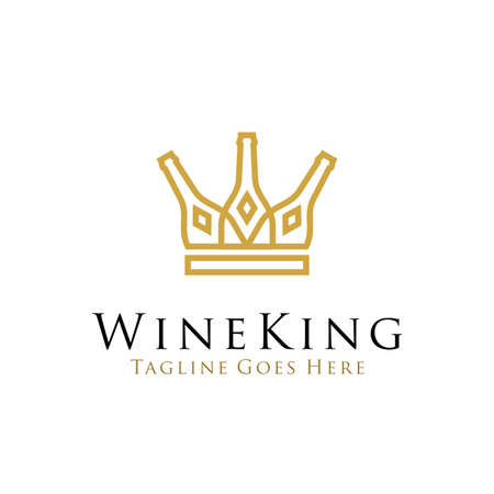 wine king logo design vector illustration. line art wine bottle icon as crown concept design. beverage logo, bar, cafe, restaurant symbol iconのイラスト素材