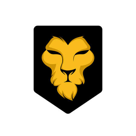 elegant golden lion head, lion face on shield logo design. animal wildlife vector illustration. universal brand template illustrationのイラスト素材
