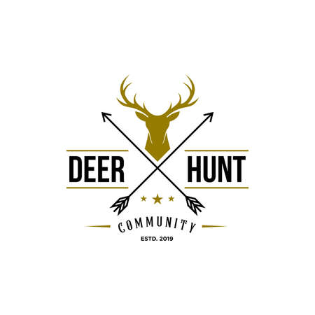 deer hunter logo, badge, emblem, label design template. vector illustration of deer head silhouette and arrow. hunter club, deer hunting symbol iconのイラスト素材