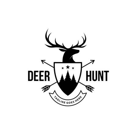 deer hunter logo, badge, emblem, label design template. vector illustration of deer head silhouette and arrow. hunter club, deer hunting symbol iconのイラスト素材