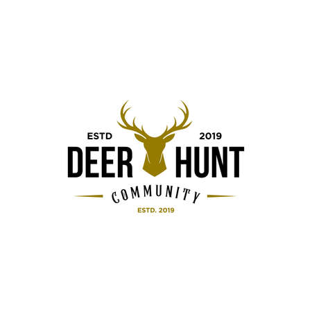 deer hunter logo, badge, emblem, label design template. vector illustration of deer head silhouette and arrow. hunter club, deer hunting symbol iconのイラスト素材