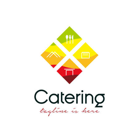 fresh catering logo design vector template illustration. catering logo with cooking/catering equipment, spoon and fork icon, tent icon, table icon, and stove icon concept designのイラスト素材