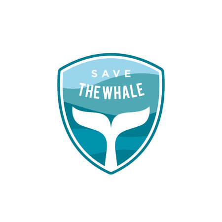 whale tail and shield logo design vector template illustration. save the whales, save the ocean, whale protection symbol iconのイラスト素材