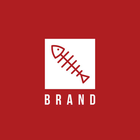 simple line art, outline fish bone, fish skeleton on square logo design vector. universal brand...