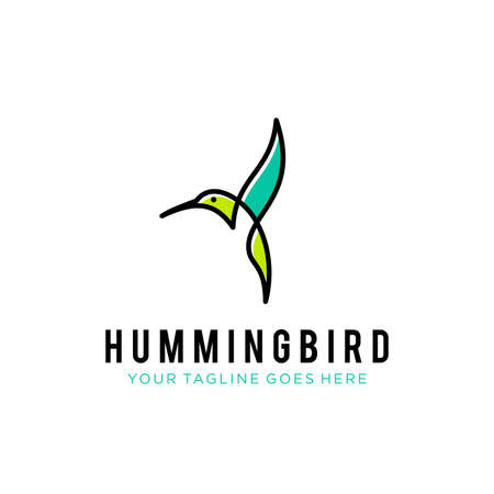 flying bird logo design template with linear concept style. vector illustration of hummingbird/colibri in outline, monoline styleのイラスト素材